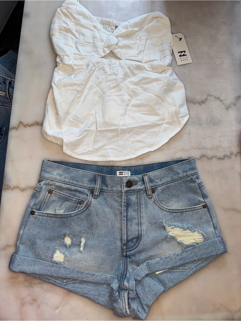 Billabong Light Blue Distressed Roll-Hem Denim Shorts & White Top Set